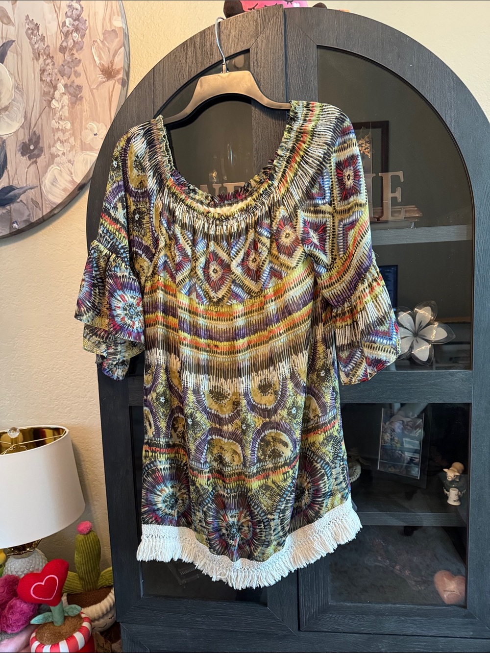 Boho Fringe Mini Dress in Olive Multi by Balancity